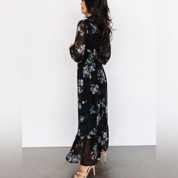 Baltic Born Luciana Floral High Neck Long Sleeve Maxi Dress Black Blue Sz Large - Picture 2 of 15